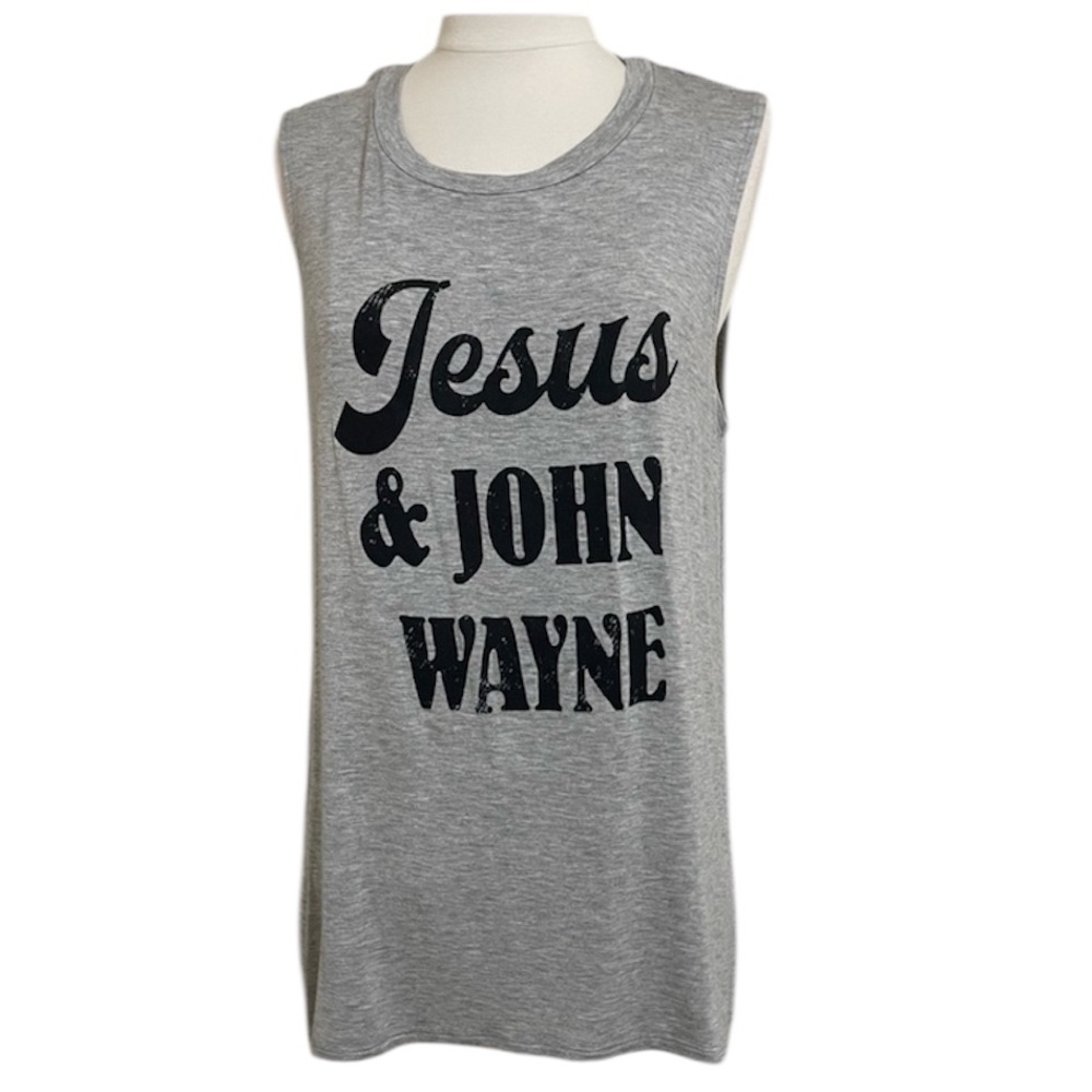 New Jesus & John Wayne Gray Black Graphic Sleeveless Womens Tee Medium